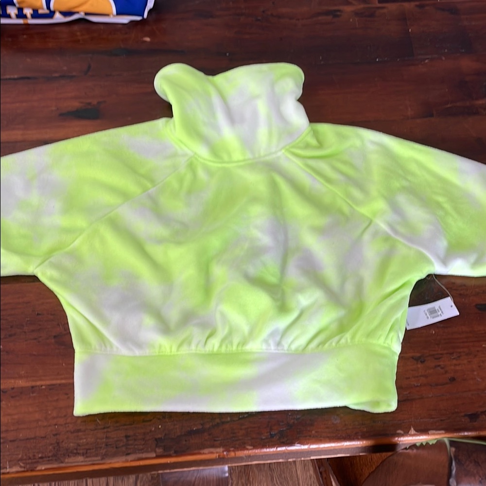 Old Navy Neon Green and White Cropped Fleece Hoodie